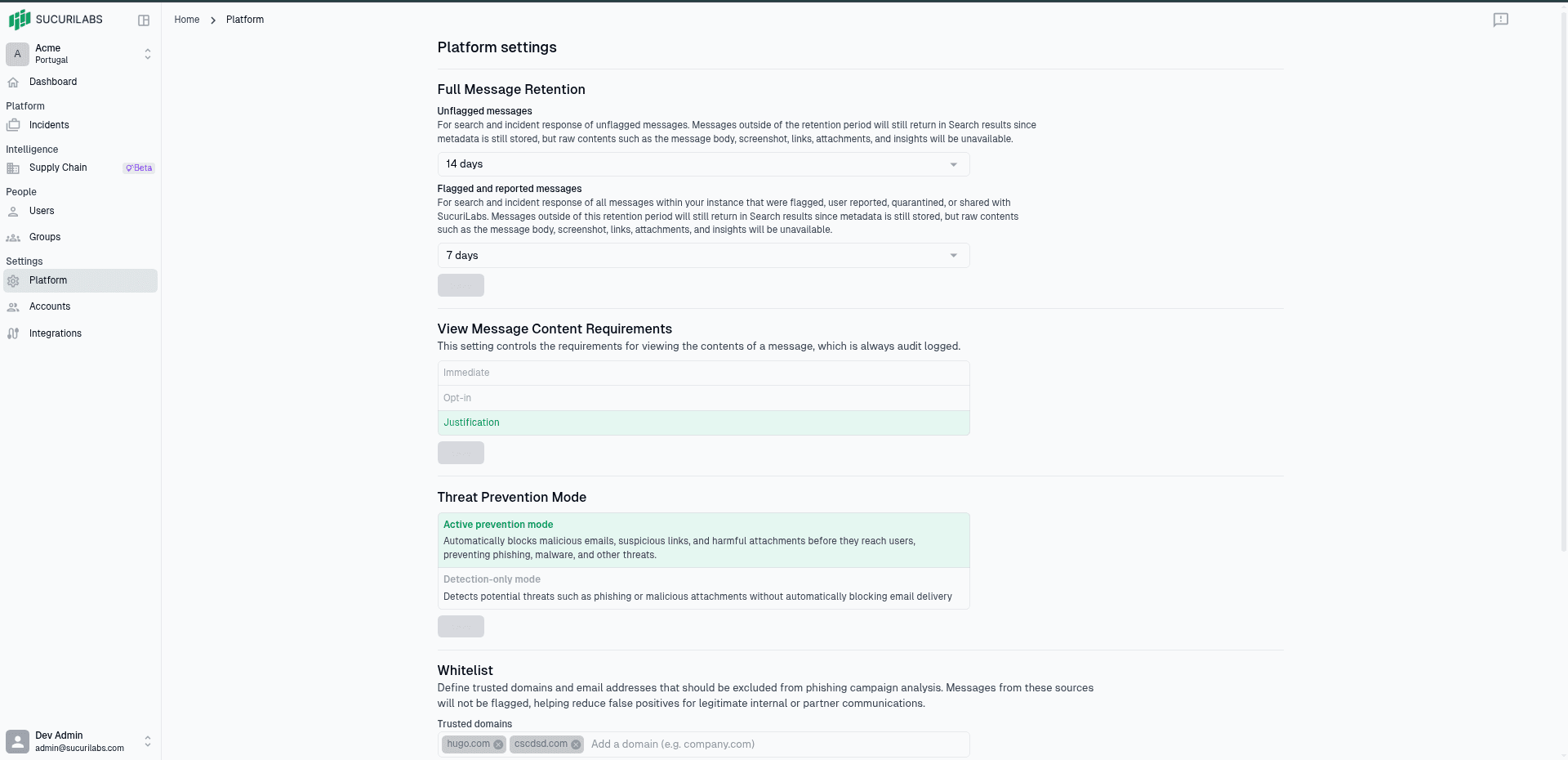 Platform settings page