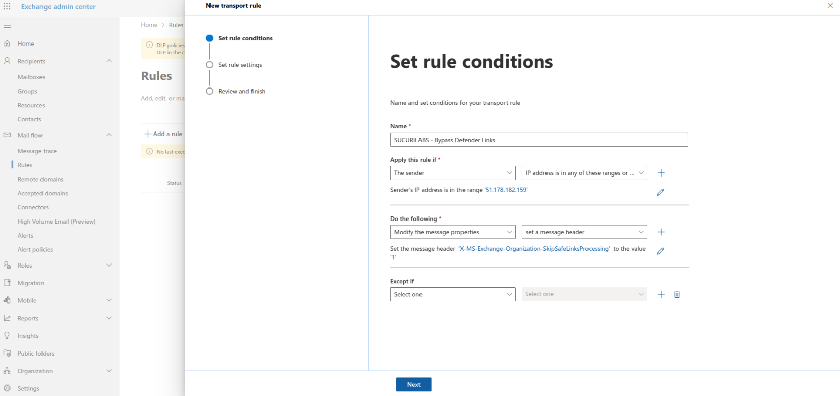 Mail Flow Rule Configuration
